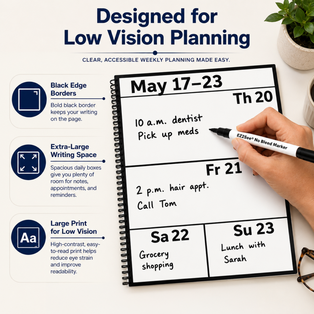 image of hand with No Bleed Marker writing on a page showing calendar week